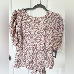 Cream  and Pink Ruffled Puff Sleeve Blouse